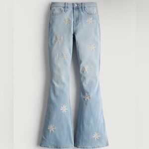 NWT Hollister Light Blue Flared Jeans with Floral Embroidery